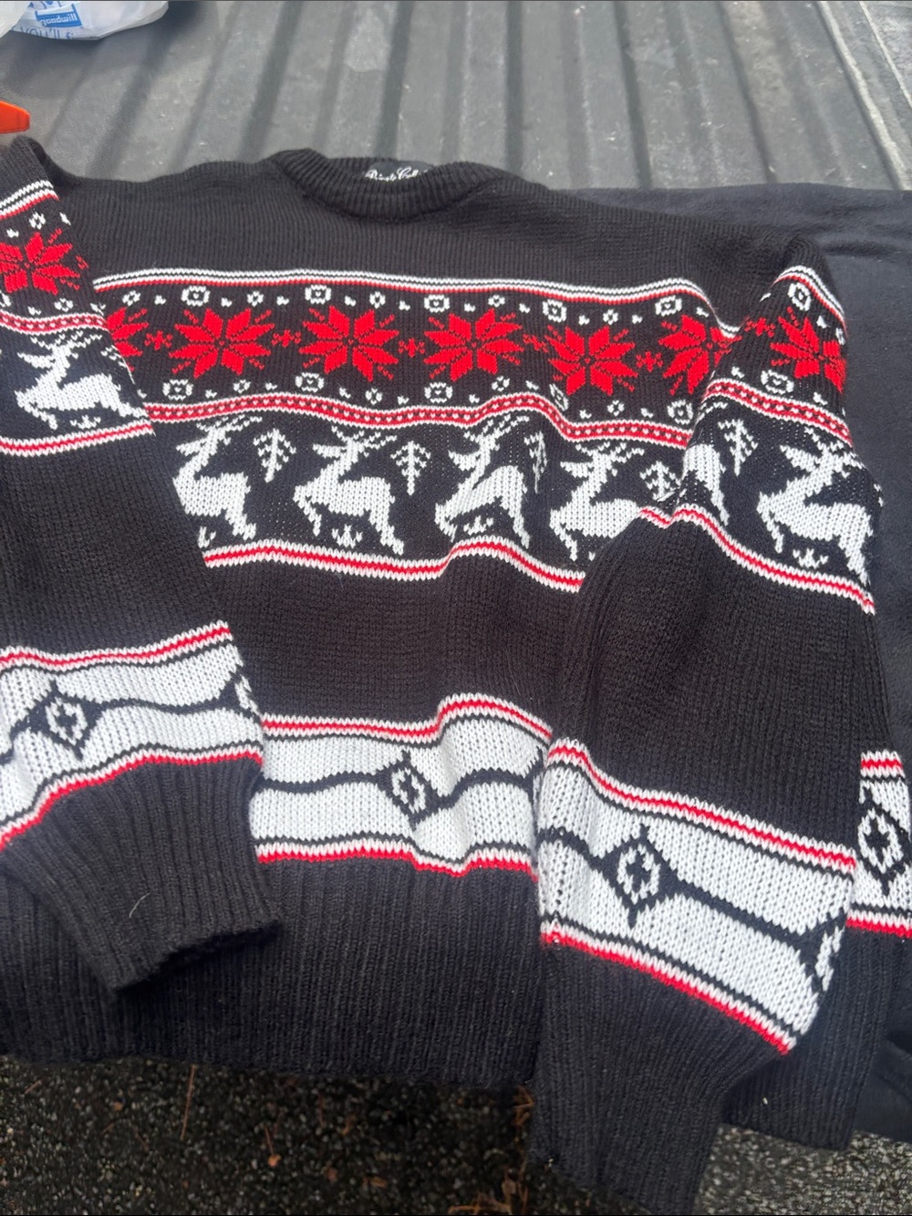 Men's Black Crewneck Nordic Reindeer Sweater with Red & White Accents
